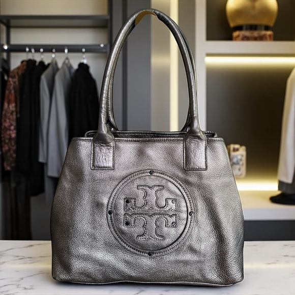 ✨ Tory Burch Metallic Logo Bombe Tote – Pewter Leather w/ Dust Bag Glam ✨ - Picture 1 of 6
